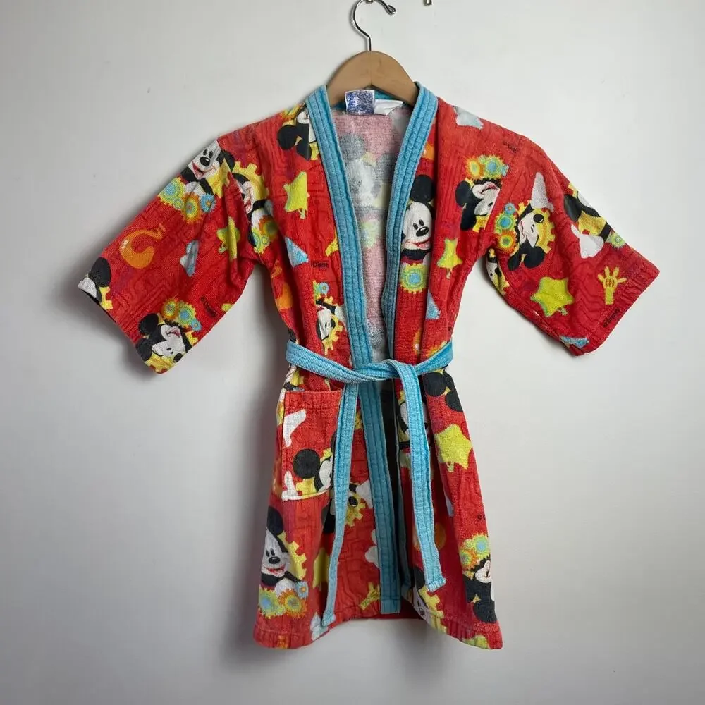 Vintage 80s 90s Disney Mickey Mouse Kids Robe Beach Coverup M/L Orange Blue